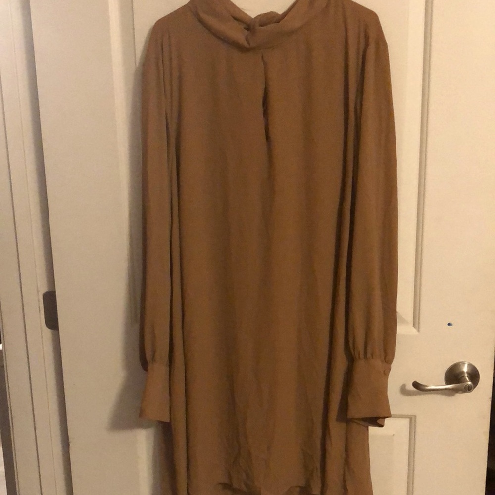 Tan, long sleeve shirt dress.